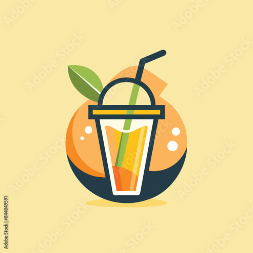 A minimalist design for a juice bar featuring a glass of orange juice with a straw and a leaf, A minimalist design for a juice bar