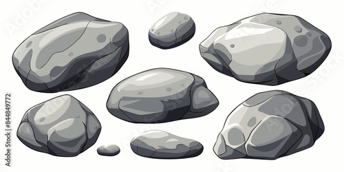 Rock stone set cartoon. Cobble stone game objects. Three dimensional stones and rocks element, isometric 3d flat style. Mountain grey stones. Vector grey rock stone, isolated on white background.
