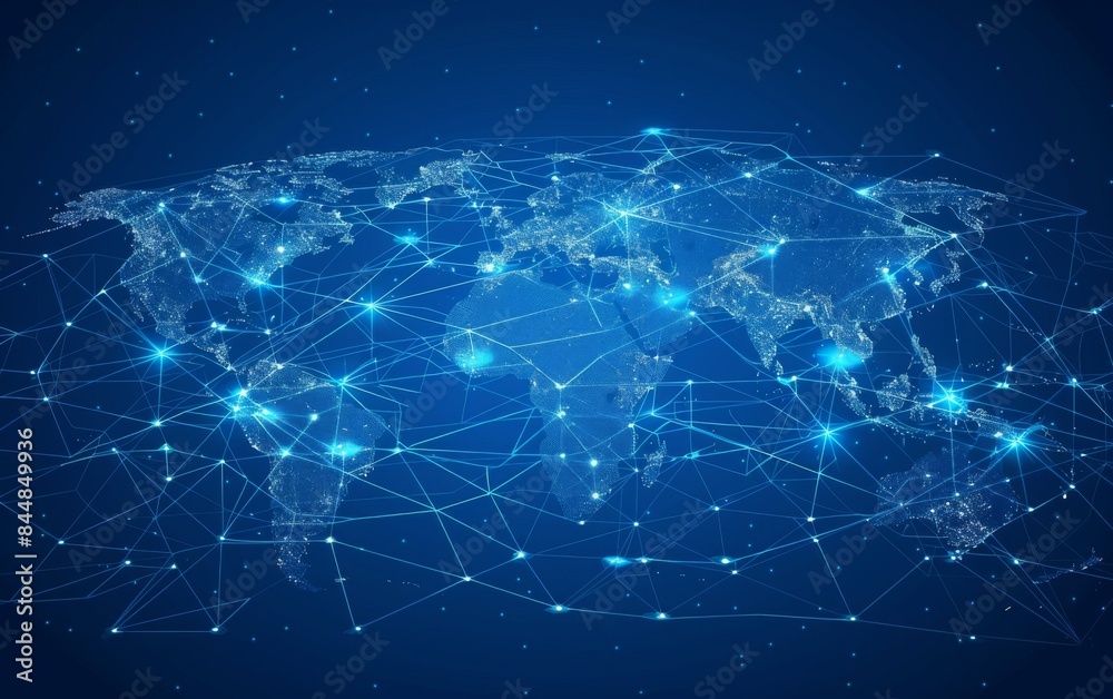 A blue background with a network of lines and dots that resemble a map of the world. The lines and dots are connected to each other, creating a sense of interconnectedness and communication A blue background with a network of lines and dots that resemble a map of the world. The lines and dots are connected to each other, creating a sense of interconnectedness and communication