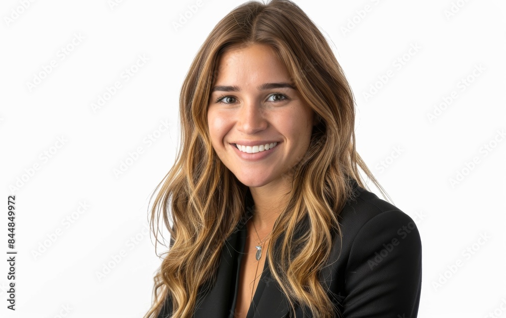 A woman with long brown hair is smiling for the camera. She is wearing a black jacket and a necklace A woman with long brown hair is smiling for the camera. She is wearing a black jacket and a necklace