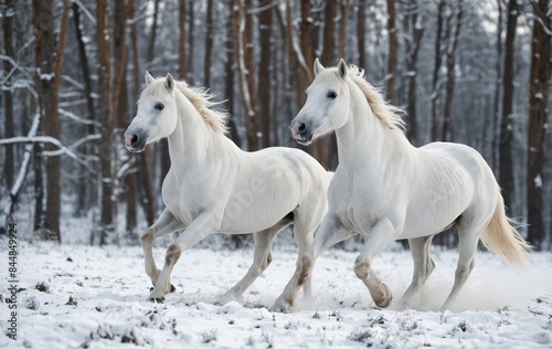 Winter Whispers: White Horses Tromping Through Snow