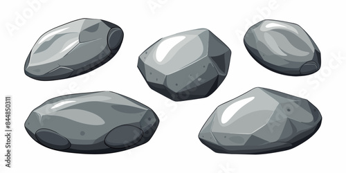 Rock stone set cartoon. Cobble stone game objects. Three dimensional stones and rocks element, isometric 3d flat style. Mountain grey stones. Vector grey rock stone, isolated on white background.
