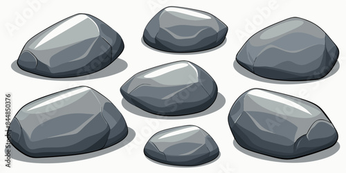 Rock stone set cartoon. Cobble stone game objects. Three dimensional stones and rocks element, isometric 3d flat style. Mountain grey stones. Vector grey rock stone, isolated on white background.