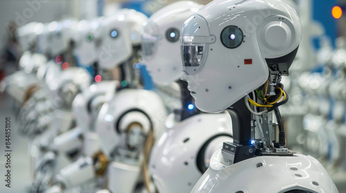 A row of robots are lined up in a factory