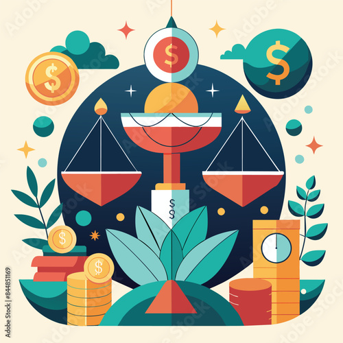 Minimalist Illustration of a Scale Balancing Money and Time, A minimalist design with a subtle nod to building wealth and financial stability