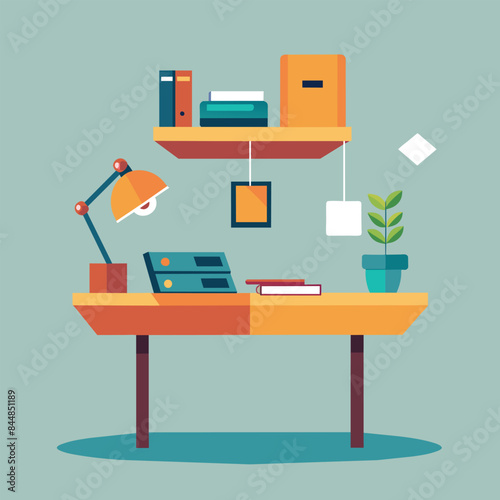 A modern, minimalist desk with a floating design and a desk lamp, A minimalist desk with a floating design and hidden storage compartments