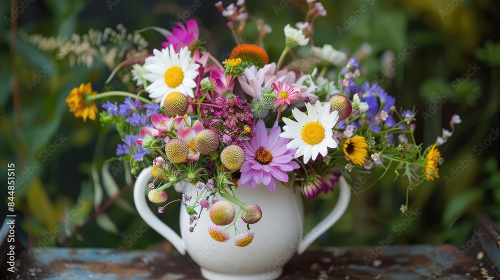 Summer Flower Arrangement in a White Cup featuring Daisies and Other Blooms Summer Flower Arrangement in a White Cup featuring Daisies and Other Blooms
