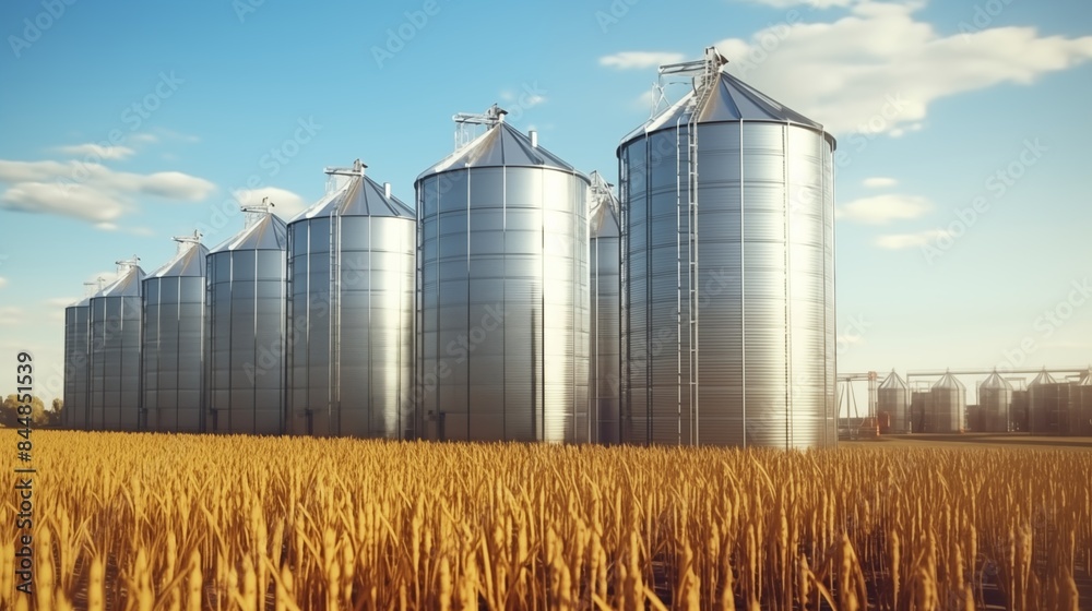 Silos in a corn field. Metal containers for storing harvested corn. Storage of agricultural production. Silos in a corn field. Metal containers for storing harvested corn. Storage of agricultural production.