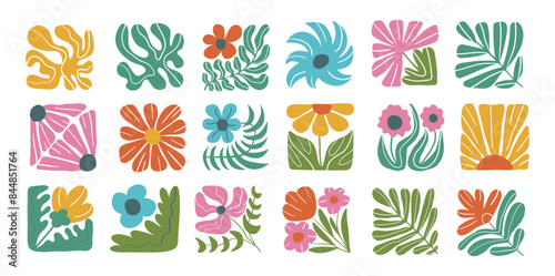 Set of abstract groovy floral botanical square shape. Poster with wavy minimal flower plant in trendy naive retro hippie 60s 70s style.