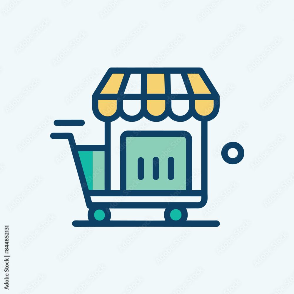 A simple icon depicting an online retail store, featuring a storefront with a striped awning and a shopping cart, A minimalist icon representing online retail A simple icon depicting an online retail store, featuring a storefront with a striped awning and a shopping cart, A minimalist icon representing online retail