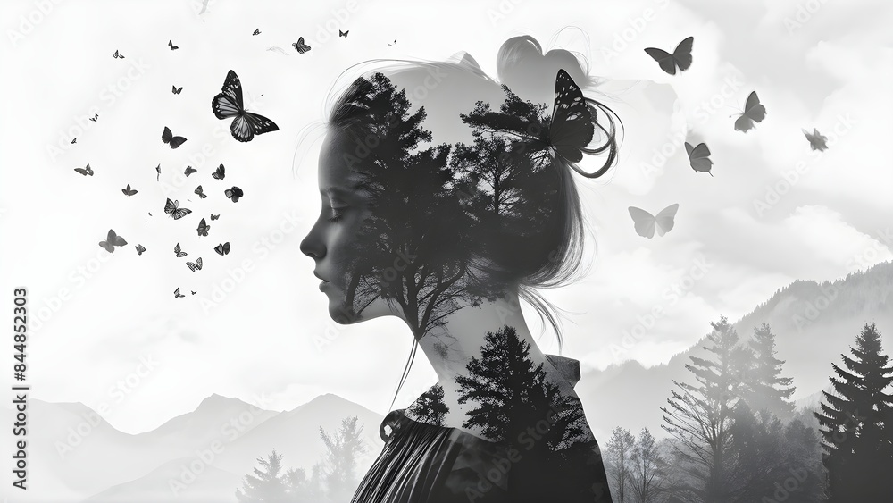 Fototapeta premium Moody girl silhouette with butterfly double exposure on mountainous backdrop