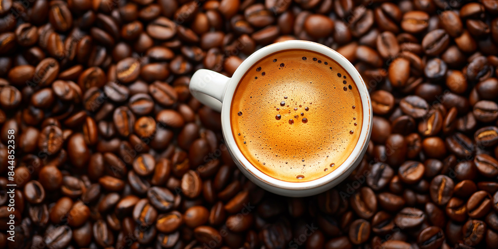 Fototapeta premium A cup of freshly brewed espresso coffee surrounded by beans, aroma, and rich crema