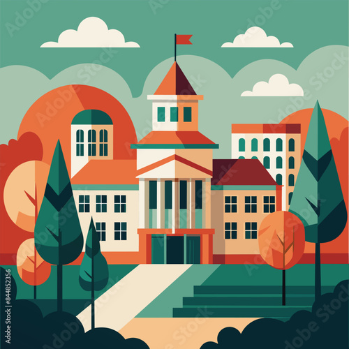 An illustration of a minimalist campus building with trees and clouds in the background, A minimalist illustration of a campus building against a backdrop of abstract shapes