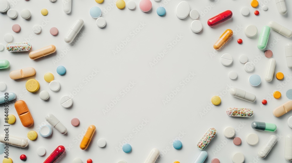Circular medications on white backdrop Flat lay setup with room for writing Wellness routine for females Circular medications on white backdrop Flat lay setup with room for writing Wellness routine for females