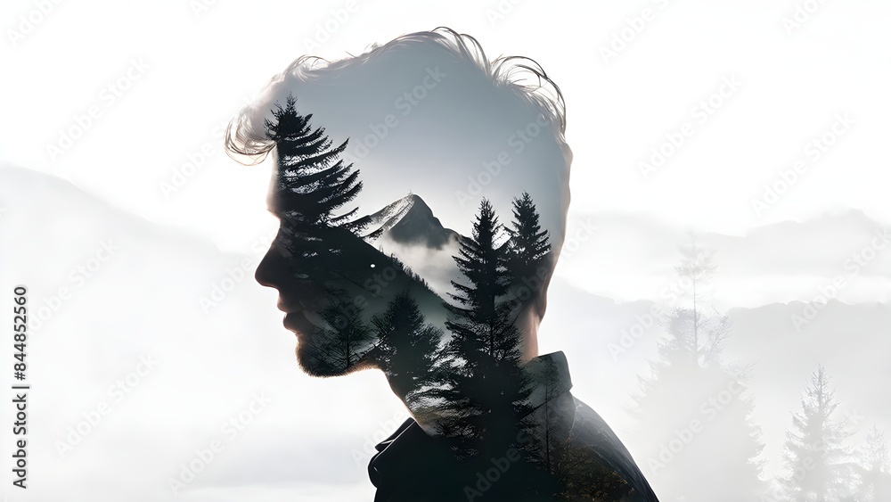 Fototapeta premium Silhouette of a young man, double exposure, with mountains and trees