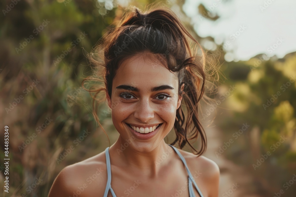 A woman with a ponytail is smiling and looking at the camera. She is wearing a blue tank top A woman with a ponytail is smiling and looking at the camera. She is wearing a blue tank top