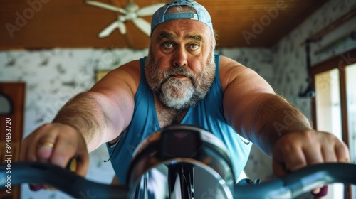 Overweight man with a beard is working out in the gym. Obese man working on losing weight