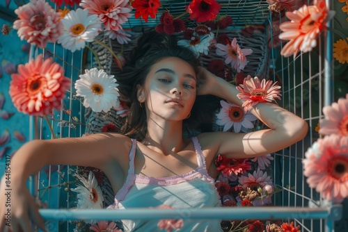 A girl lies in a shopping cart decorated with flowers and poses for the camera. View from above