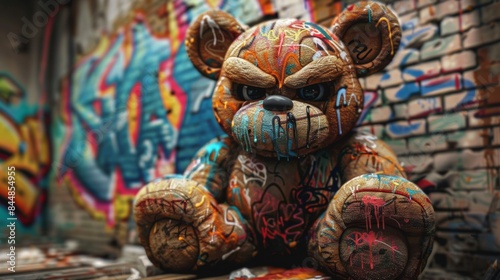 Angry teddy bear made and covered with graffiti in hyper realistic setting.