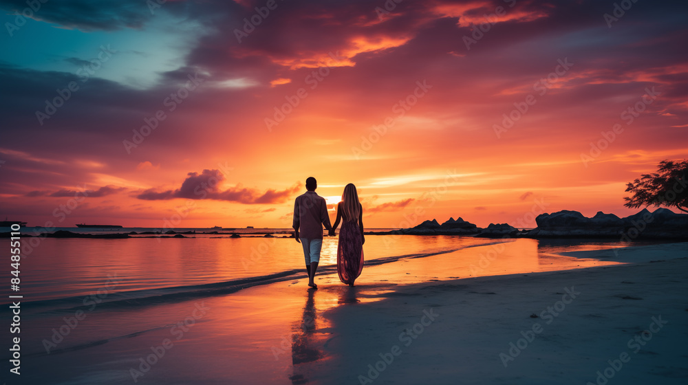Couple on the beach with beautiful sunset in background. Silhouette of couple on the beach