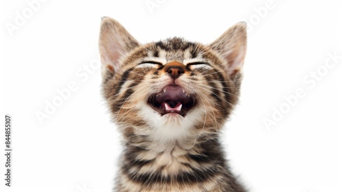 happy smiling cat emotion of relief with closed eyes and open smiling mouth on white background. funny animal picture concept.