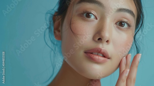 High-quality crop photo of skincare and cosmetics concept with space for text. Woman with beautiful face touching healthy facial skin portrait. Beautiful happy Asian girl model on baby blue background