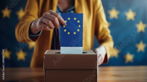 EU concept background European elections. A woman throws ballot paper with European flag into the European ballot box.