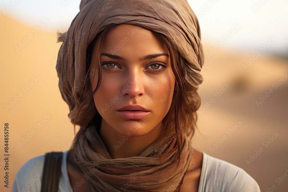Tranquil and serene close-up portrait of a young woman wearing an elegant headscarf in the beautiful and mysterious desert, exuding confidence and strength Tranquil and serene close-up portrait of a young woman wearing an elegant headscarf in the beautiful and mysterious desert, exuding confidence and strength