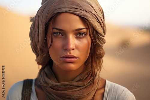 Tranquil and serene close-up portrait of a young woman wearing an elegant headscarf in the beautiful and mysterious desert, exuding confidence and strength