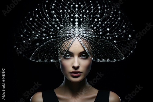 Stylish lady adorned with a unique, sparkly headdress against a dark backdrop