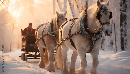 Horse-drawn carriages in the snowy forest at sunset. © Iman