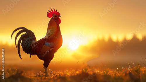 Beautiful rooster on a farm in the rays of the setting sun. Portrait of a rooster with bright plumage. The rooster is resting on the green grass in the rays of the setting sun. Year of the rooster.