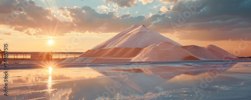 Salt piles reflecting on water at sunset