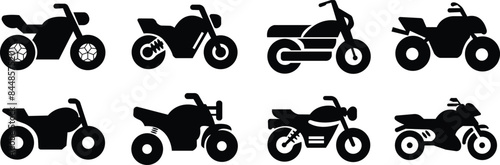 List of different type of motorcycle, bike, and motorbike icon set. Side view of all kind of motorcycle from moped, scooter, roadster, sports, cruiser, touring, scrambler, trial bike, and chopper.