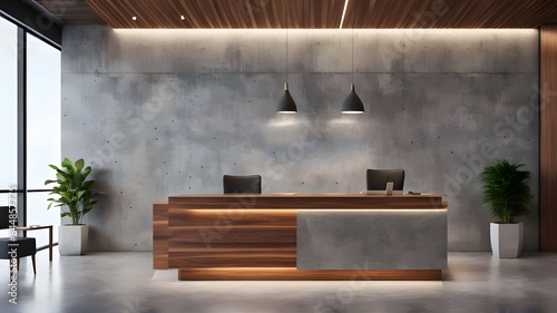 an-office-reception-area-with-a-modern-wooden-desk-against-a-concrete-wall-with-soft-lighting © Arslan