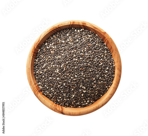 Chia seeds overflowing a wooden bowl, their tiny size and speckled appearance packed with nutritional value.