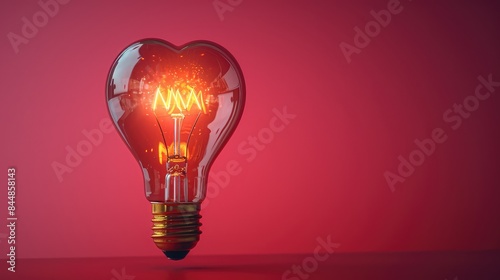 Valentine’s Day Concept: Light Bulb with Heart-Shaped Glowing Filament on a Red Background