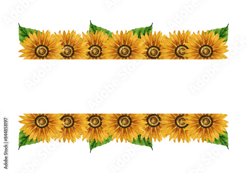Watercolor sunflowers border. Rectangular frame with yellow flowers. Summer floral composition. Autumn flowers arrangement. Hand drawn botanical illustration for postcard, invitation, greeting.
