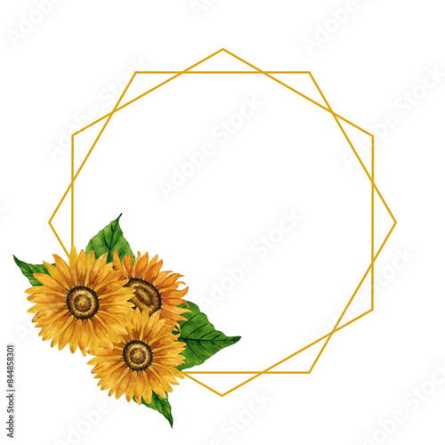 Watercolor sunflower polygon frame. Geometrical polyhedron frame with yellow flowers. Summer floral composition. Autumn flower arrangement. Hand drawn botanical illustration. For postcard, invitation.