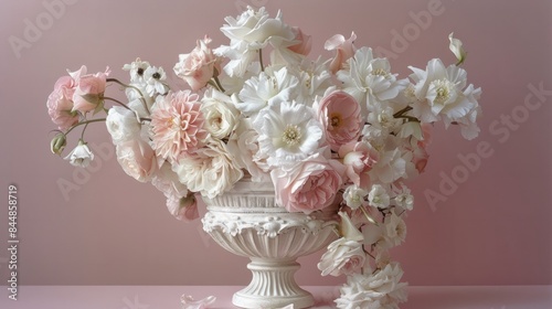 A pretty white vase in antique greek style containing pink and white flowers on pink background