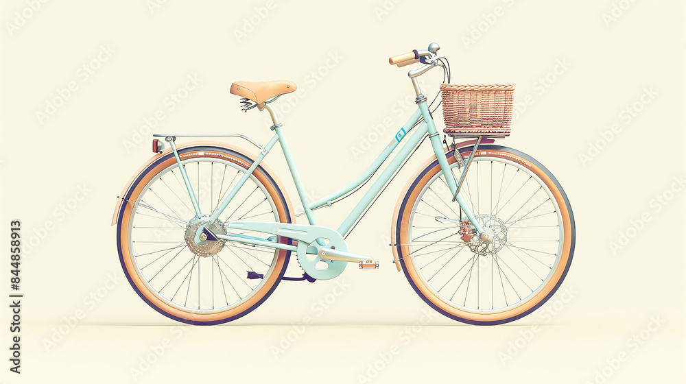 Fototapeta premium Pastel Blue Vintage Bicycle with Basket Front View on Cream Background Retro Style Urban Lifestyle
