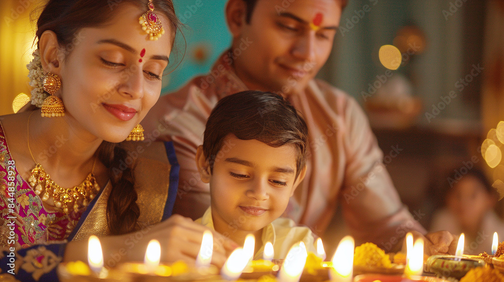 Indian Family Celebrating Diwali Festival Lighting Diyas Together Warm Candlelight Background Indian Family Celebrating Diwali Festival Lighting Diyas Together Warm Candlelight Background