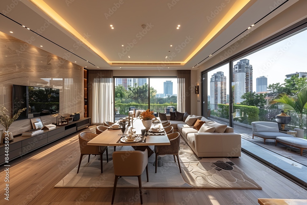 Fototapeta premium A large open living room with a long dining table and chairs. The room is well lit and has a modern feel