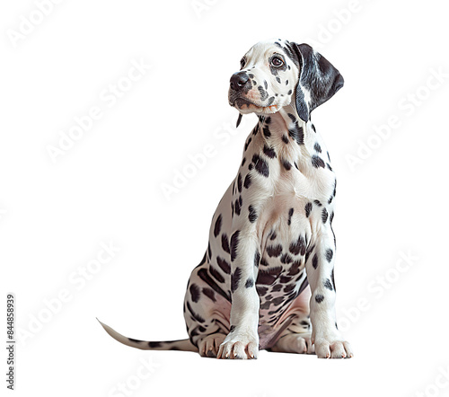 Dalmatian puppy sitting attentively with a curious expression, showcasing its distinctive black spots on a white coat.