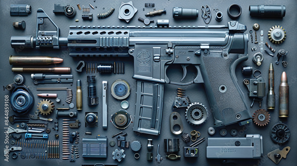 Disassembled Modern Black Rifle with Various Components on Dark Background