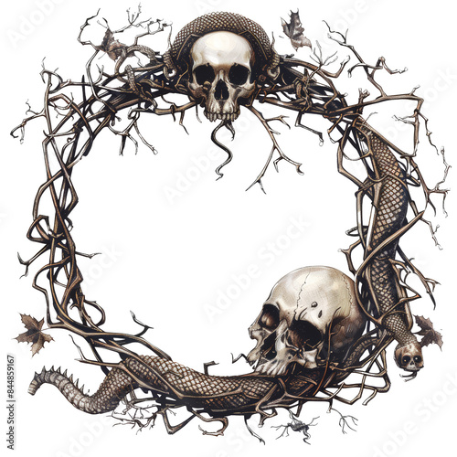 Round Horror snake frame with roots and spikes on transparent background