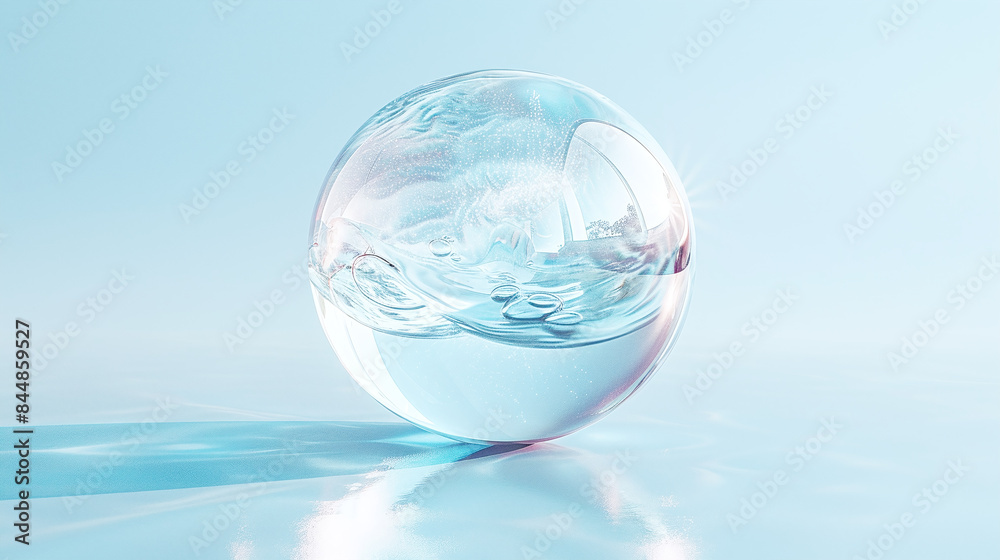 Crystal Clear Sphere on Reflective Water Surface with Sunrise in Calm Blue Background Concept Crystal Clear Sphere on Reflective Water Surface with Sunrise in Calm Blue Background Concept