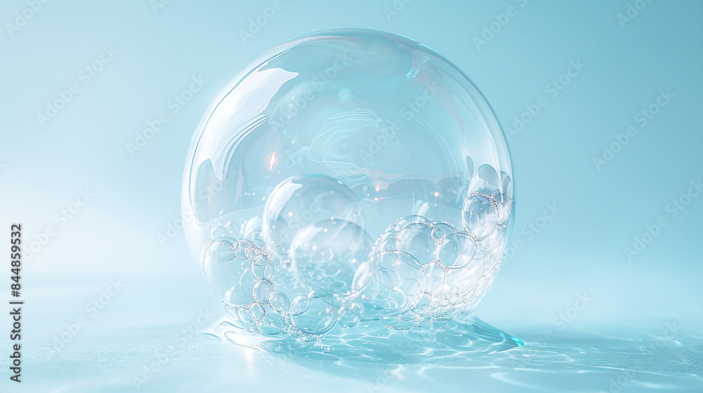 Delicate Glass Transparent Soap Bubbles on Light Blue Background with Soft Lighting and Reflections Delicate Glass Transparent Soap Bubbles on Light Blue Background with Soft Lighting and Reflections