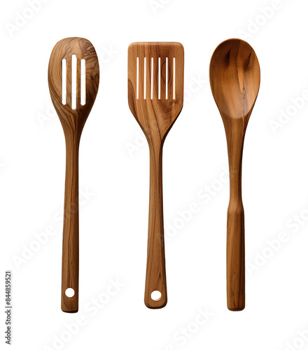 Wooden spoons with varying designs and a rich brown color.