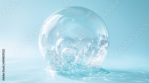 Delicate Glass Transparent Soap Bubbles on Light Blue Background with Soft Lighting and Reflections